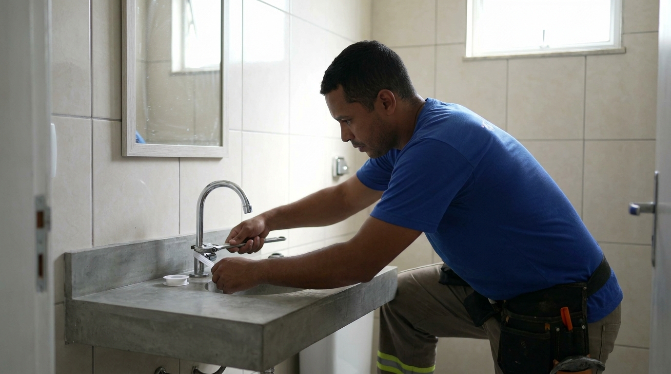 Encanador instalando torneira em Serra‑ES